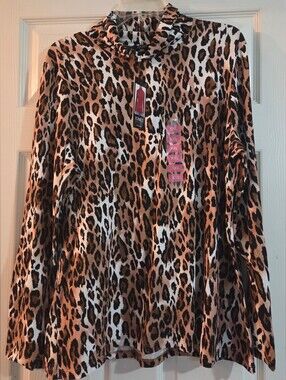 NWT Jones New York Leopard Print Long Sleeve Turtle Neck Top Brown Black & White